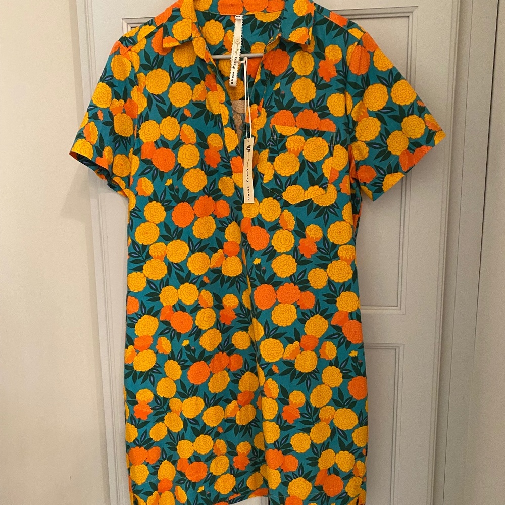 Uncle Frank Orange and Yellow Floral Collared Shirt Dress M NWT